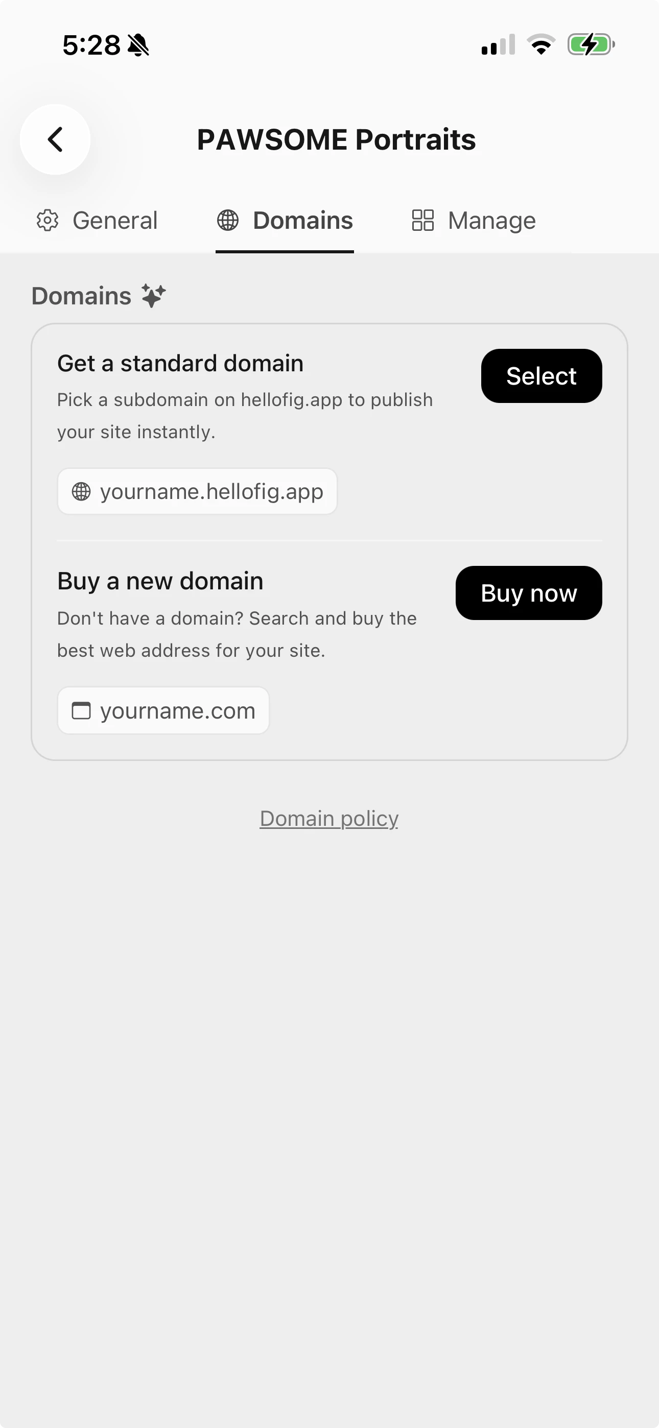 Fig Domains tab with options to get a standard domain or buy a new one