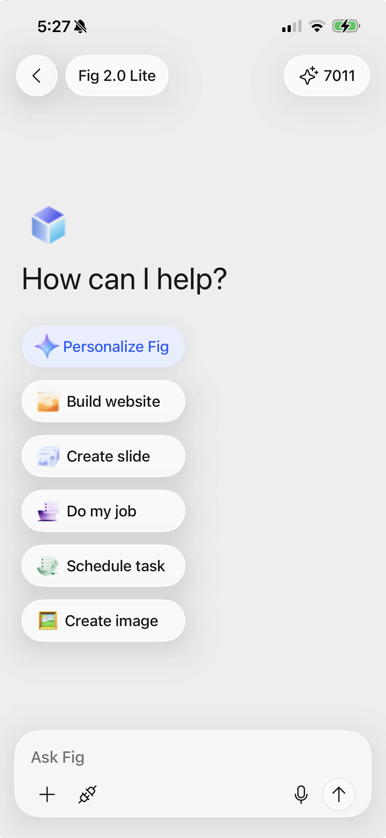 Fig home screen with quick actions like Build website, Create slide, and Create image