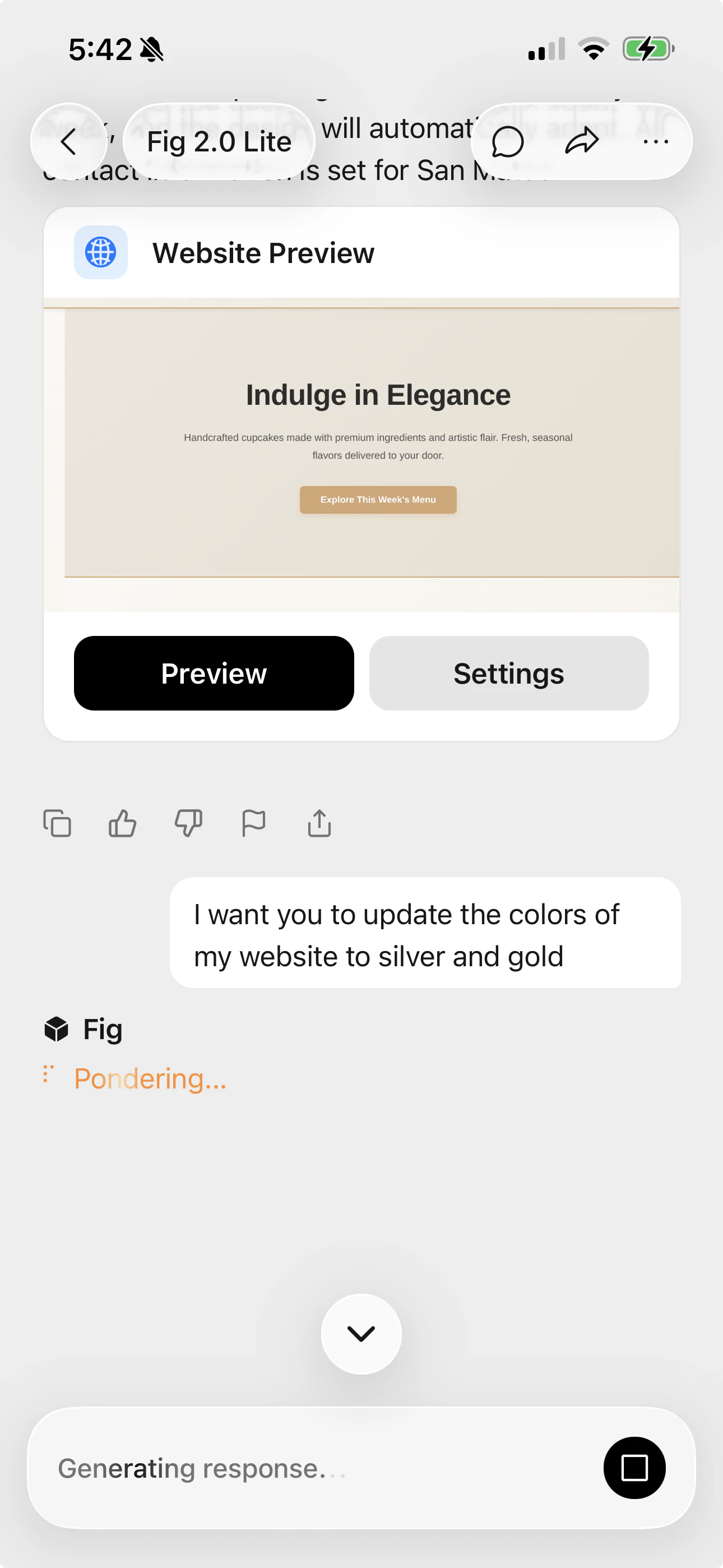Editing a Fig website by chatting — a website preview card with Preview and Settings buttons