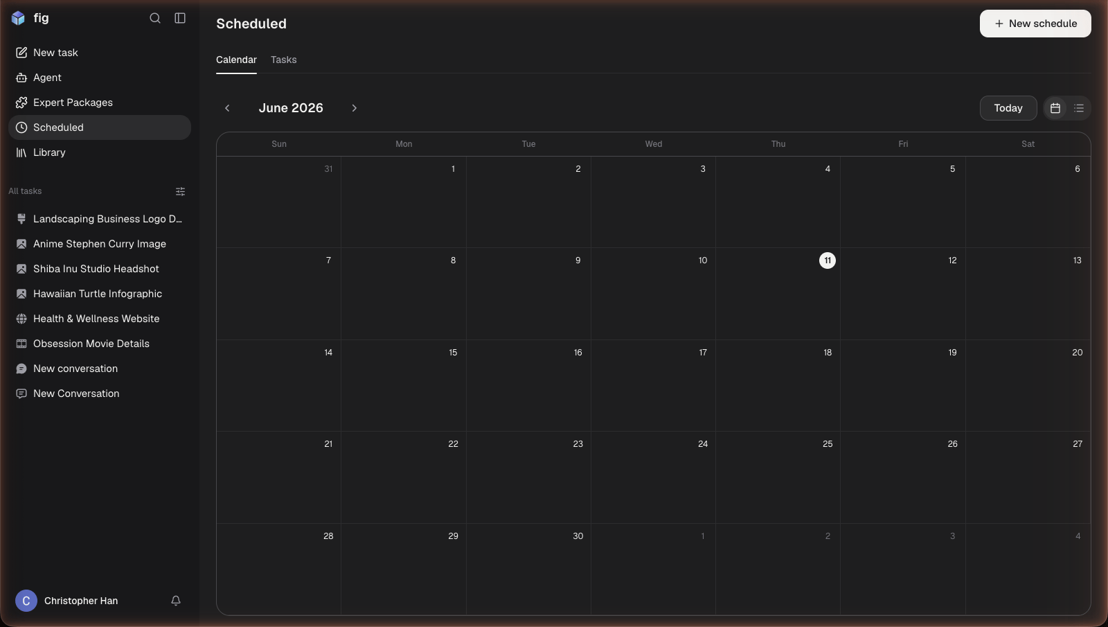 Fig Scheduled page showing a monthly calendar view with a list of tasks and a New schedule button