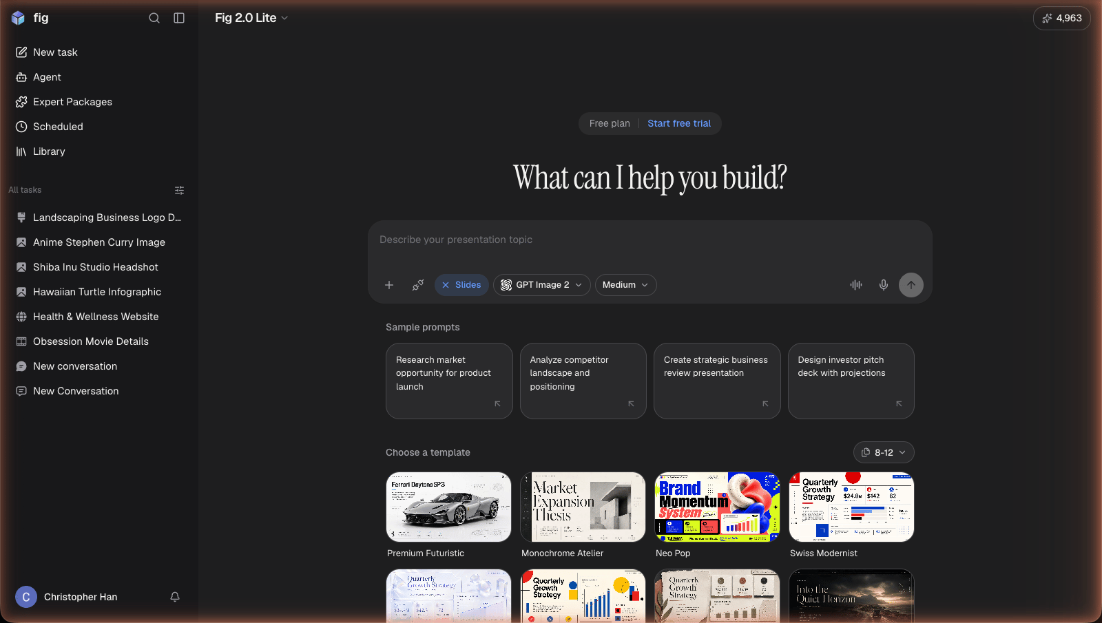 Fig web app home with Slides selected, showing suggested prompts and deck templates