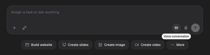 Fig message bar with the Voice conversation button highlighted, above quick actions like Build website and Create slides