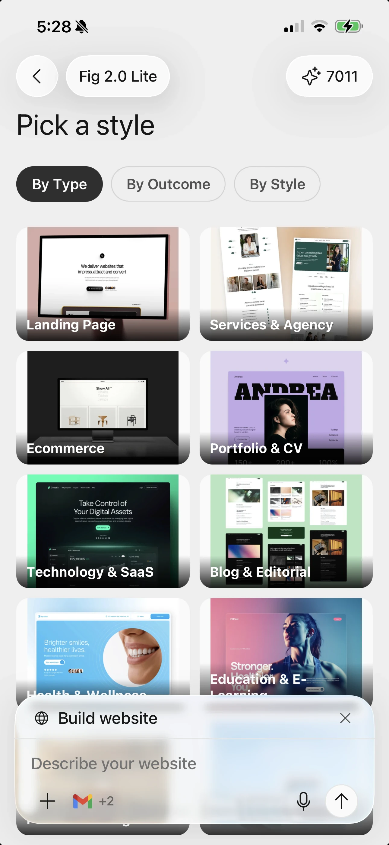 Fig 'Pick a style' screen with website templates grouped by type