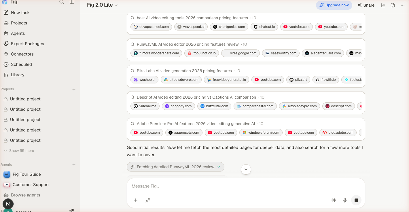 Fig deep research view showing multiple parallel research lanes, each with its own search and list of sources