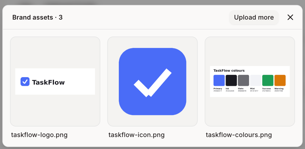Uploaded brand assets listed in the design system