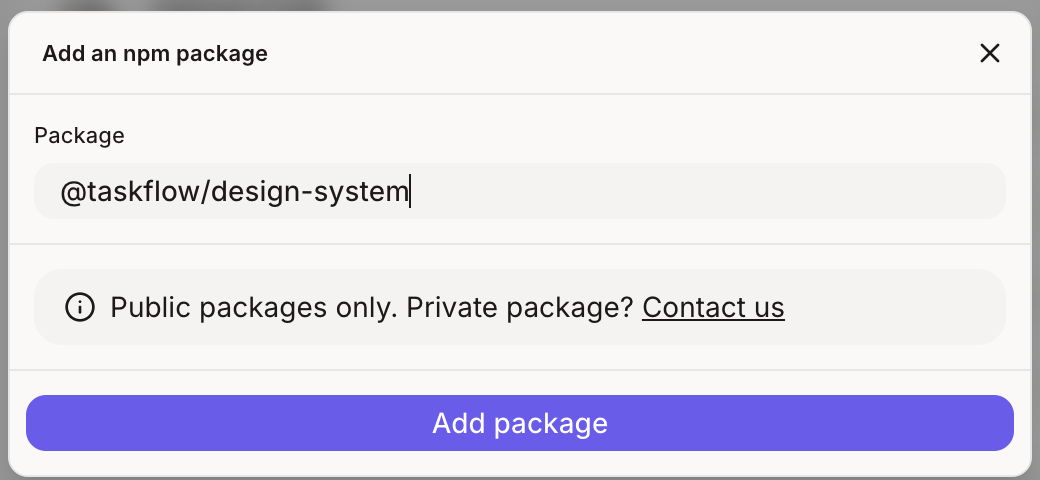 Add an npm package dialog with the package name filled in