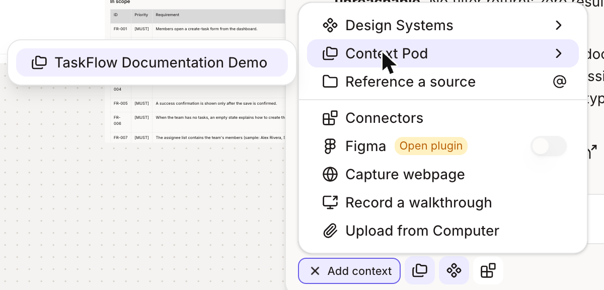 Shared pod in the chat box Context Pod picker