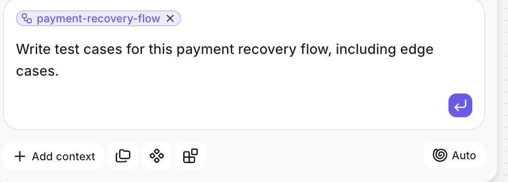 A test case prompt in the chat box with the flow attached