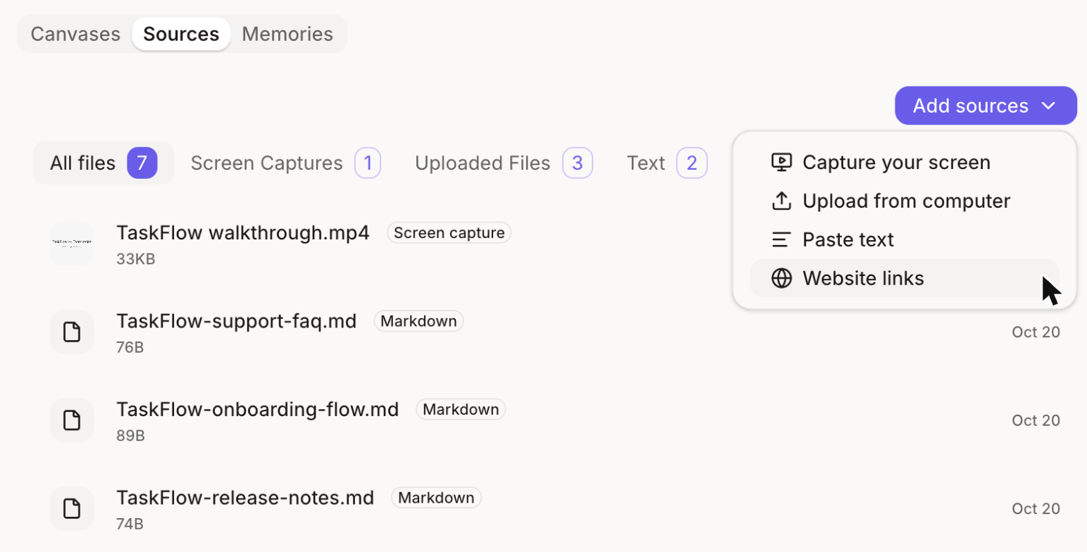 Add sources menu with Website links selected