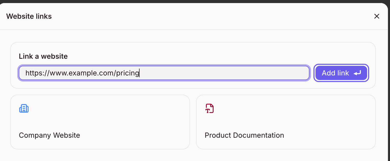 Website links dialog with a URL pasted and Add link ready