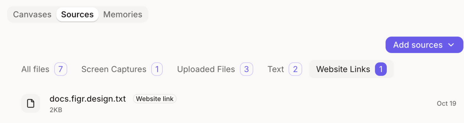 Sources filtered to Website Links, showing the linked page