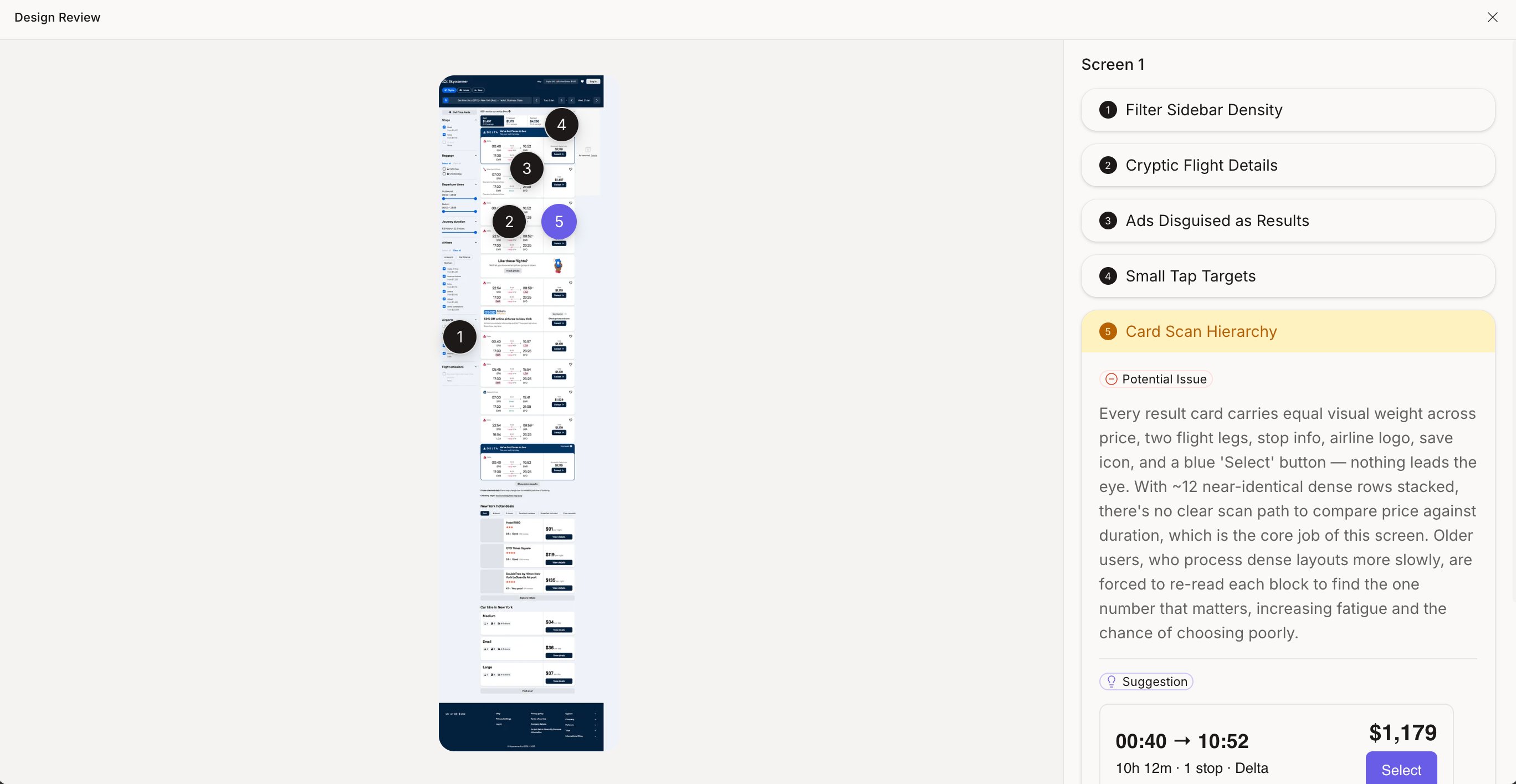 Figr Design Review panel with prioritized, pinned UX issues