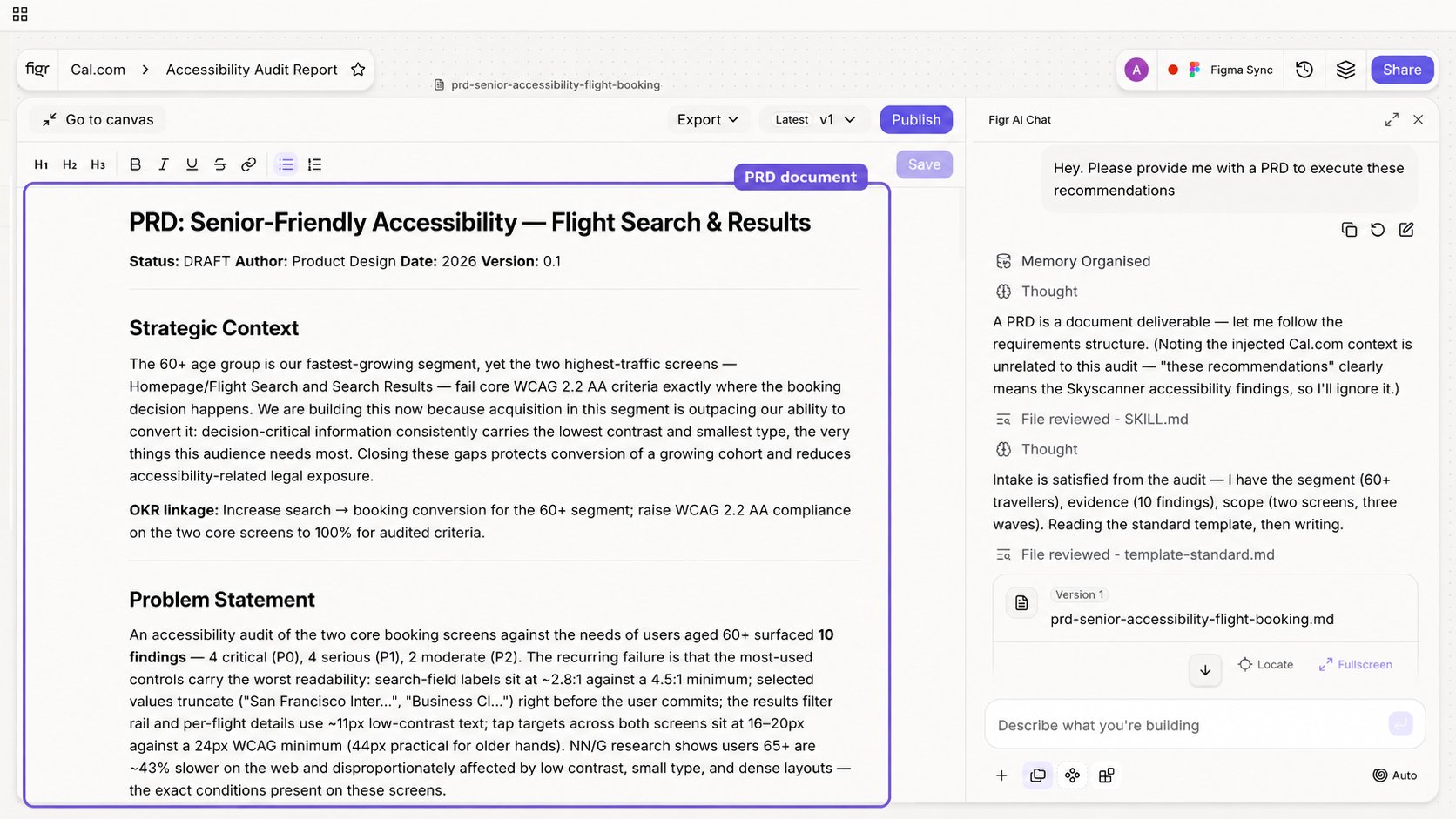 PRD chain on the canvas PRD, user stories, acceptance criteria, test cases, flow, and prototype connected on the canvas