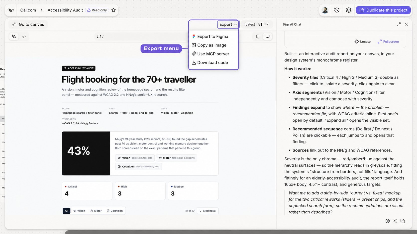 The full export options menu in Figr