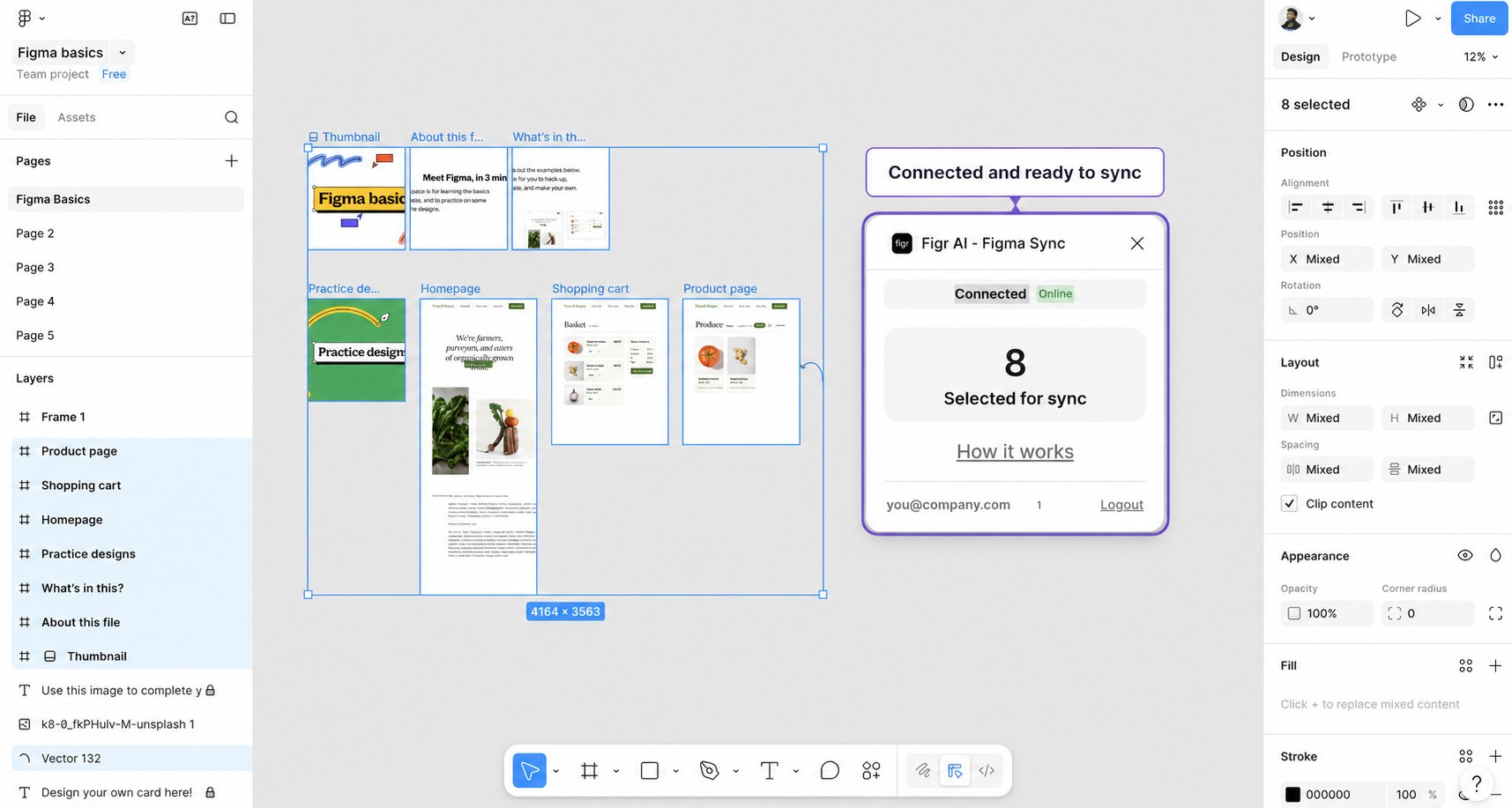 Figr AI Figma Sync plugin panel showing a connected status