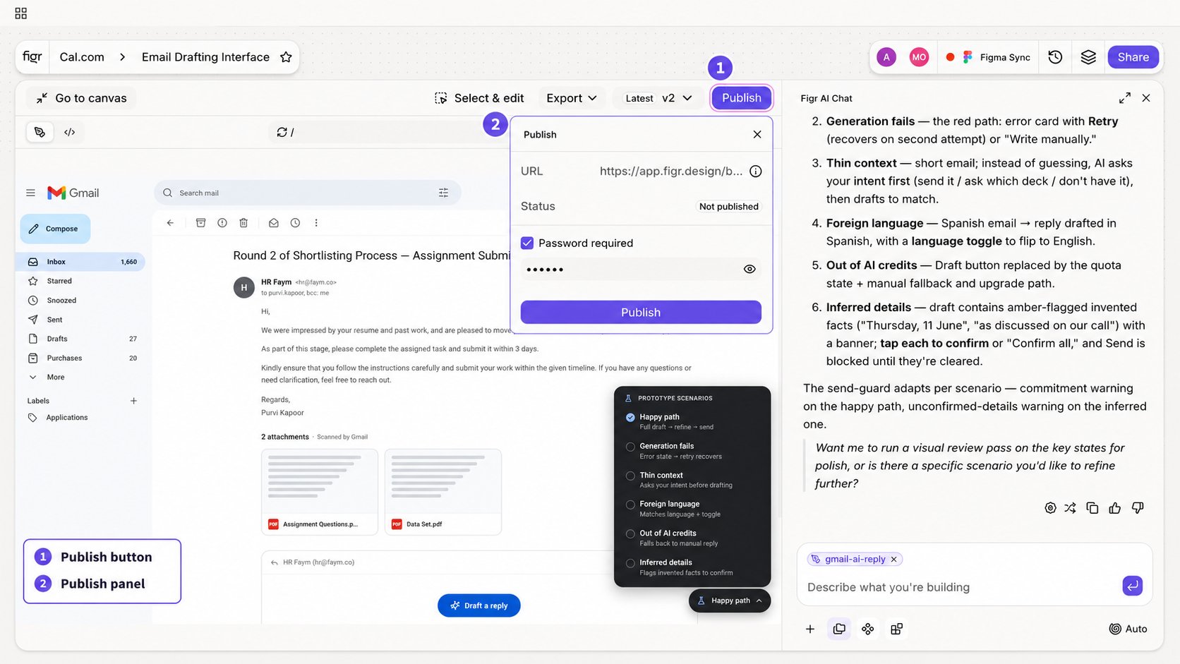 Publish panel showing public URL, status, and password option