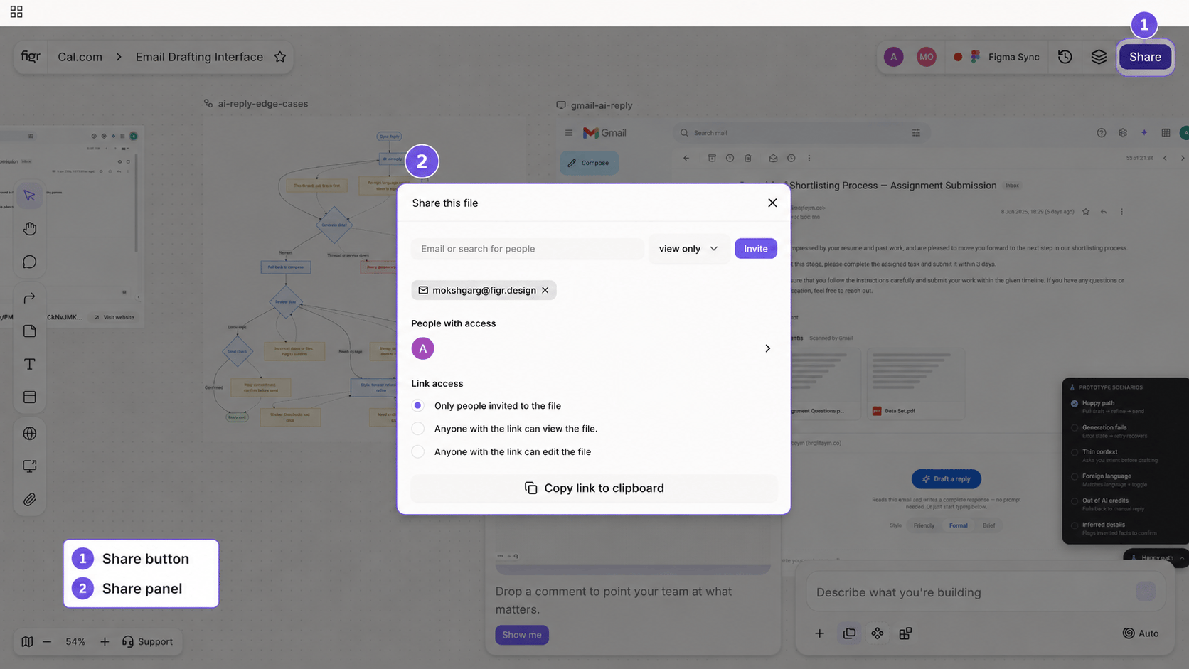 Project Share modal showing access settings and roles