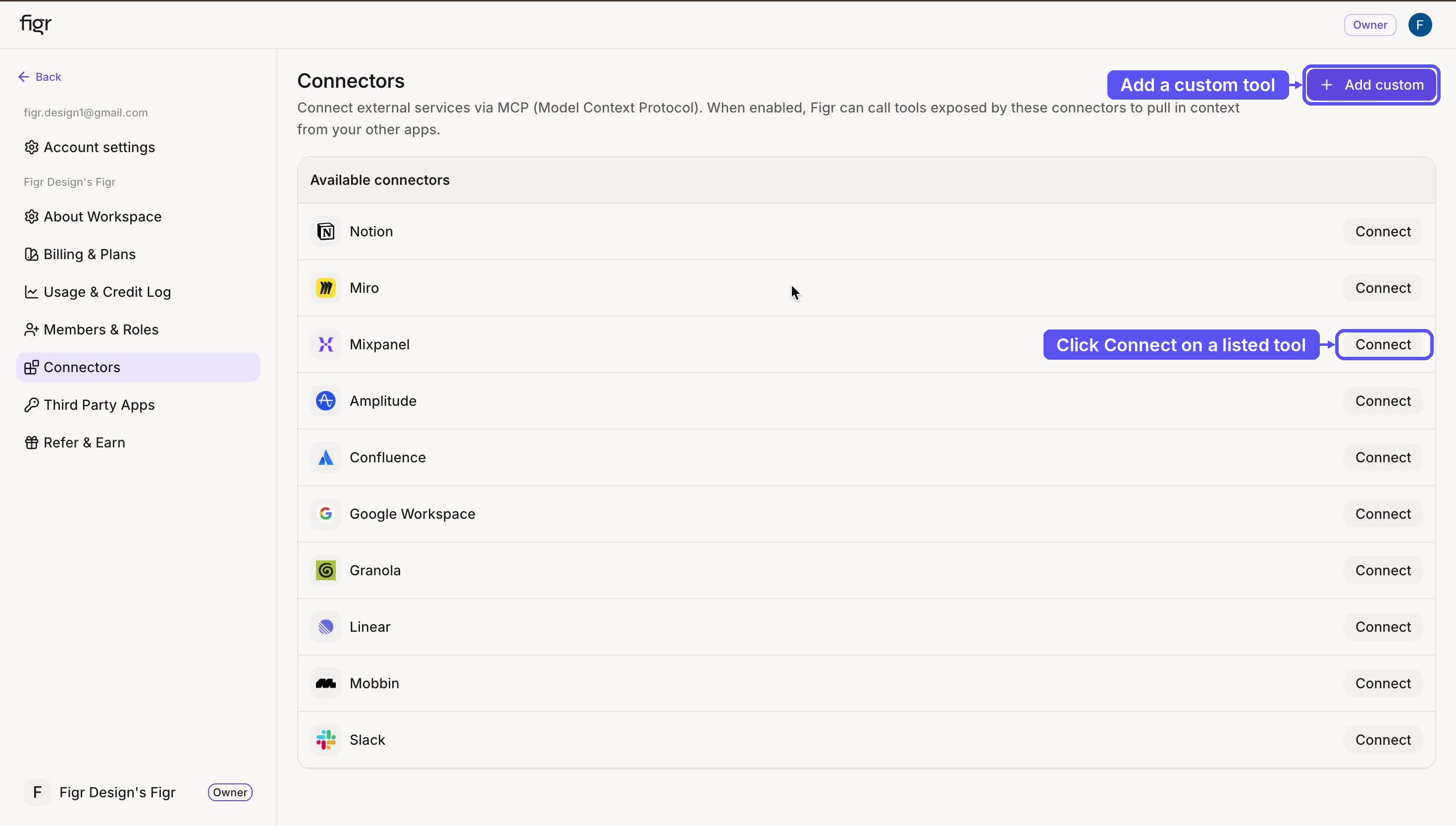 Connectors page listing integrations like Notion, Mixpanel, and Linear