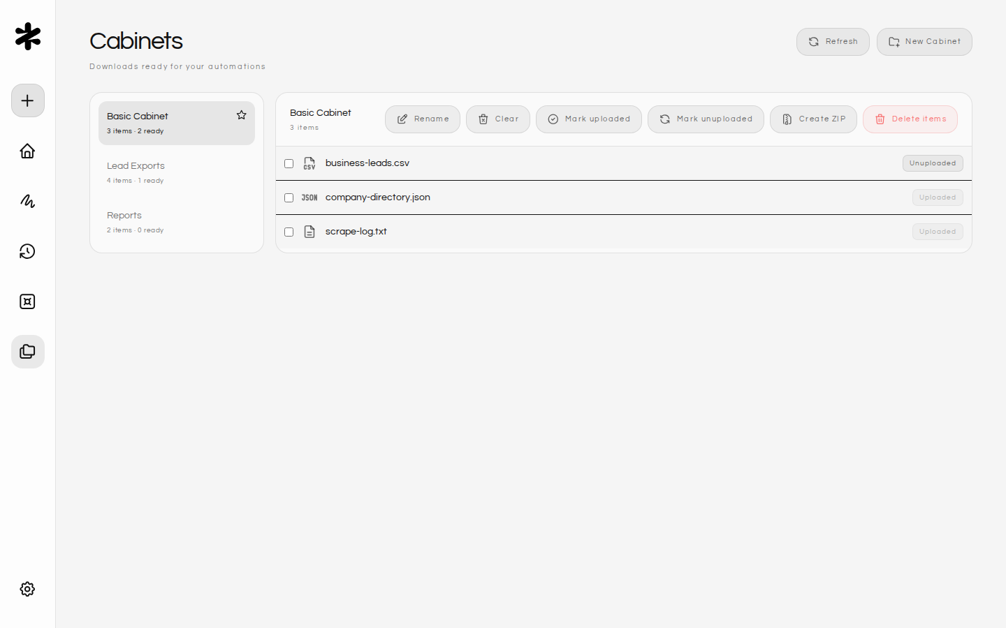 Figranium Cabinets page with organized example output files