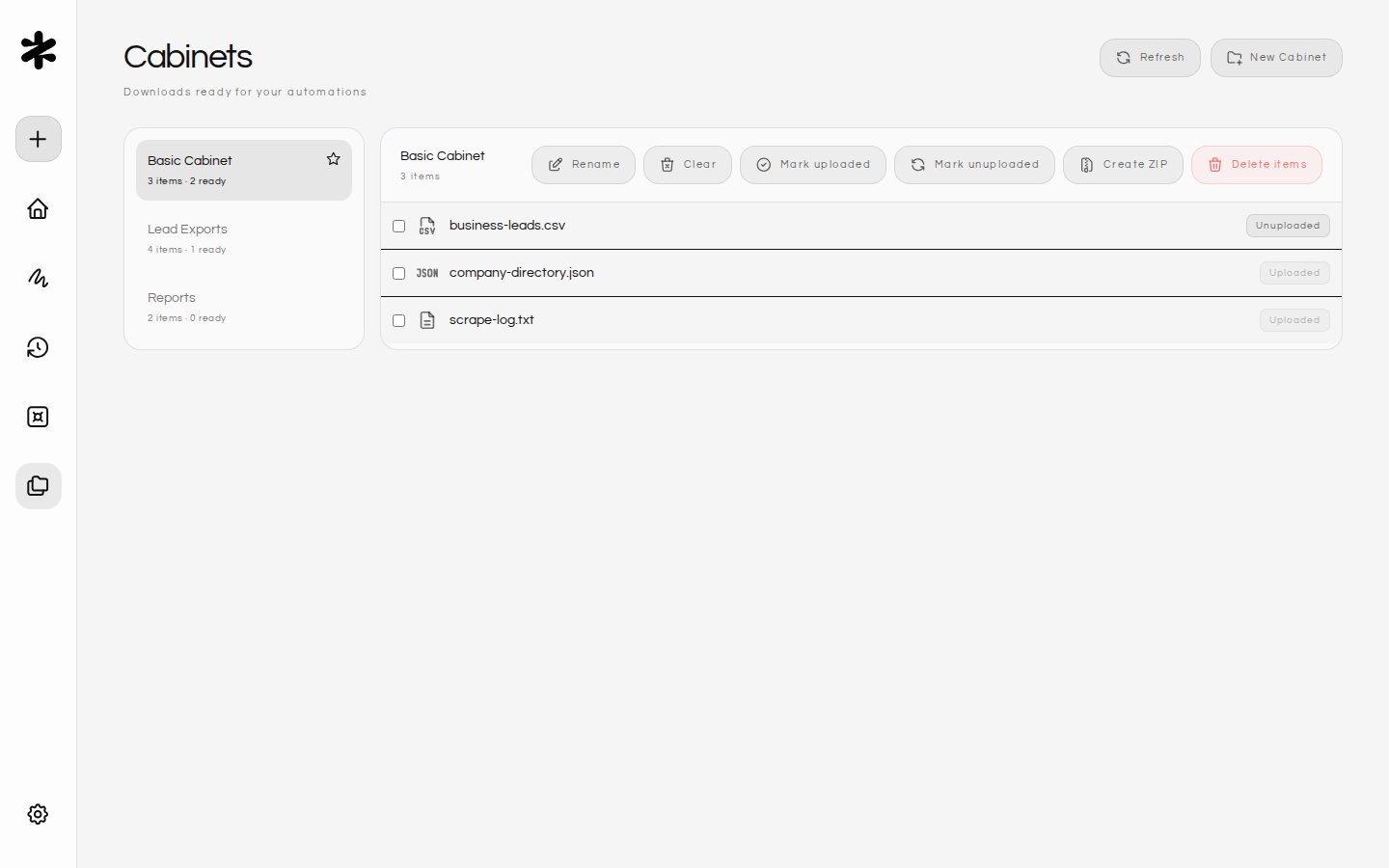 Figranium Cabinets page with organized example output files
