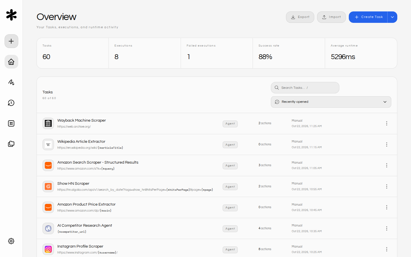 Figranium Dashboard with a clean set of example automation tasks