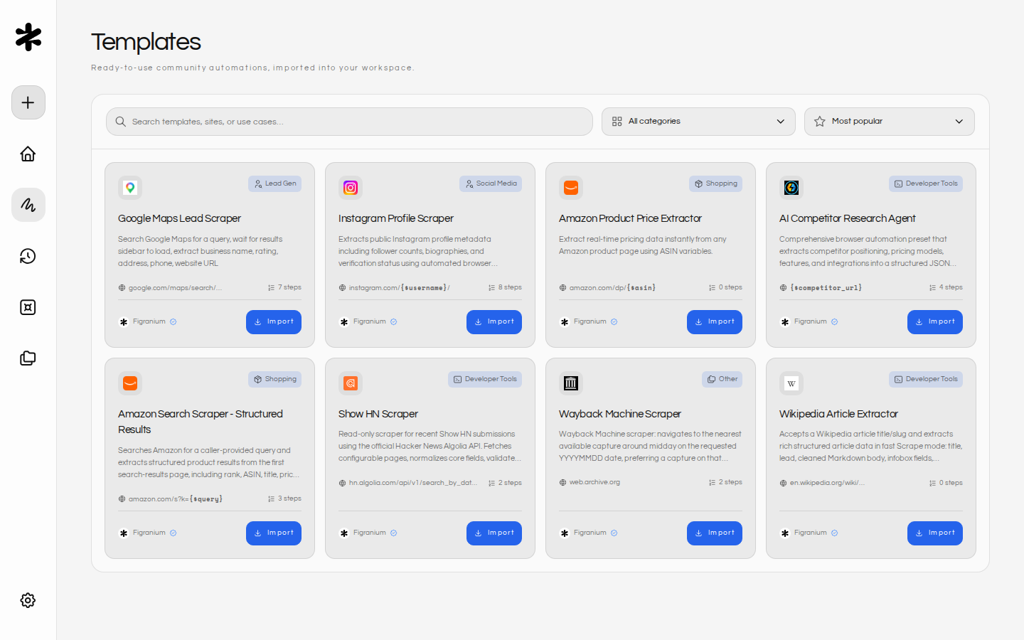 Figranium Templates page displaying community templates