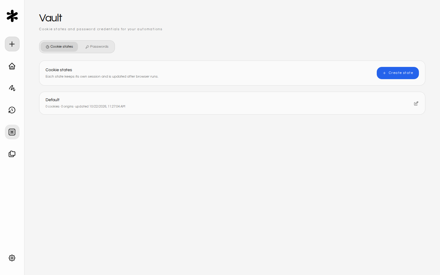 Figranium Vault showing reusable cookie states and 1Password Login items