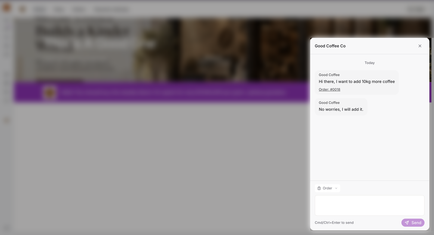 The Messages window open over a supplier's storefront, showing a conversation with Good Coffee Co, a message with an order attached, and the message box at the bottom.