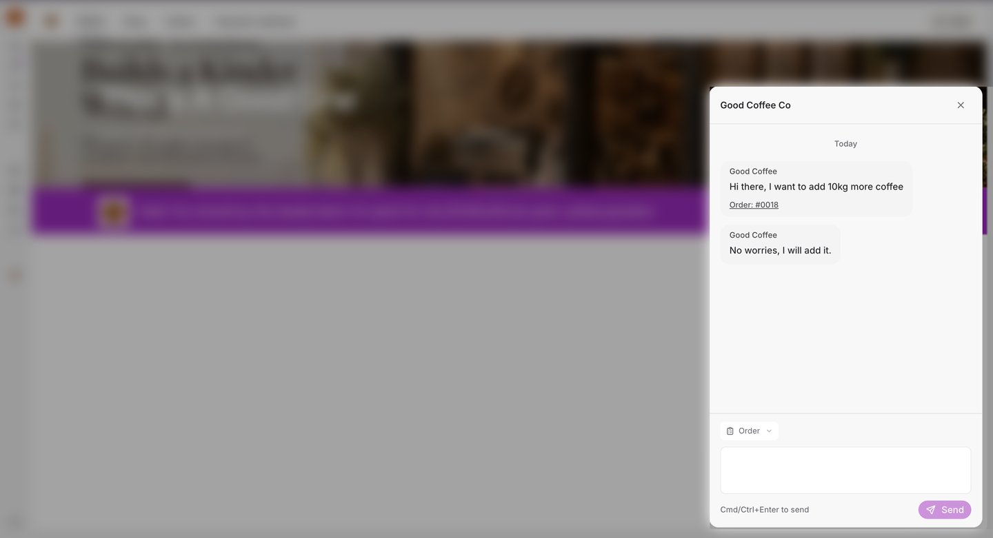 The Messages window open over a supplier's storefront, showing a conversation with Good Coffee Co, a message with an order attached, and the message box at the bottom.