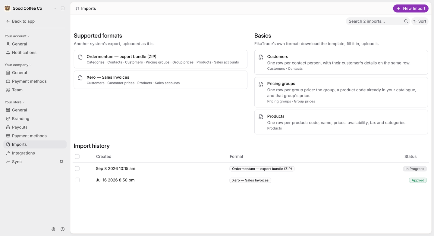 The Imports page, with Supported formats (Ordermentum export bundle, Xero Sales Invoices) on the left, Basics (Customers, Pricing groups, Products) on the right, and the import history below.