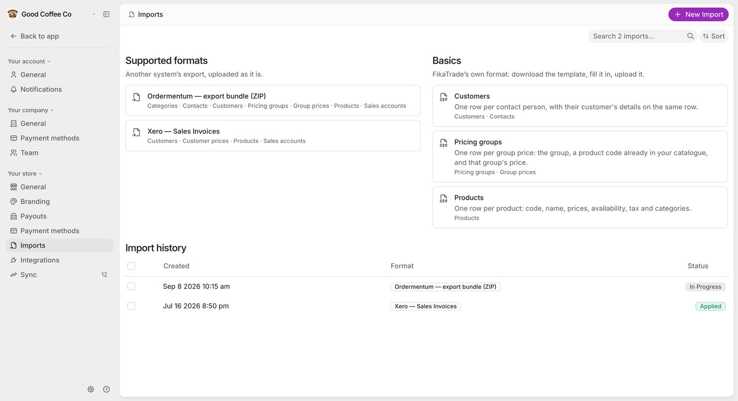 The Imports page, with Supported formats (Ordermentum export bundle, Xero Sales Invoices) on the left, Basics (Customers, Pricing groups, Products) on the right, and the import history below.