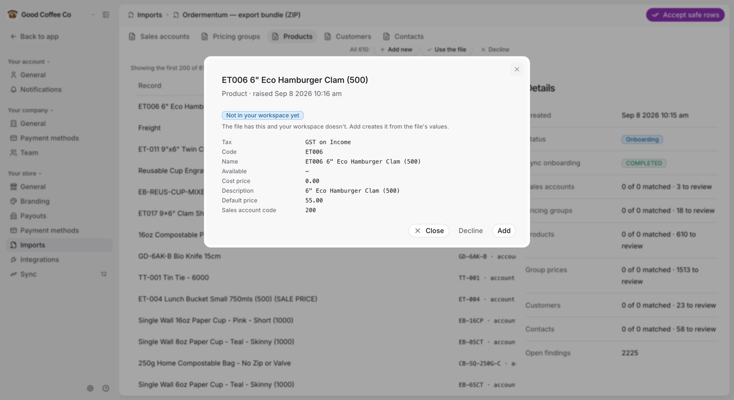 A product row from an import opened in a dialog, labelled Not in your workspace yet, listing the file's values with Close, Decline and Add buttons.