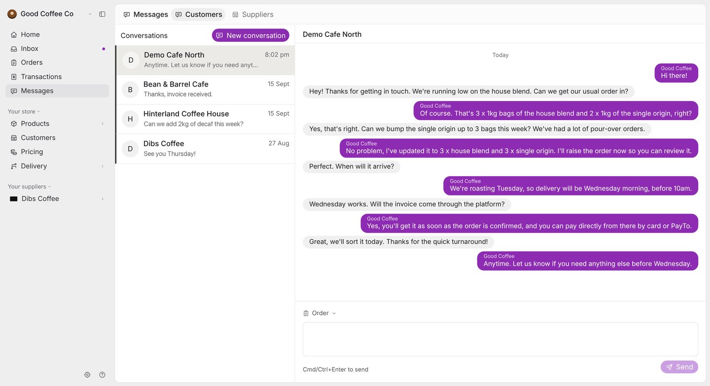 The Messages page: a list of customer conversations on the left, and an open conversation with Demo Cafe North on the right, with the Order picker and message box at the bottom.