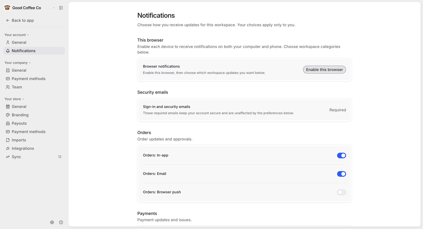 Notification settings: a This browser section with an Enable this browser button, required Sign-in and security emails, and an Orders section with In-app, Email and Browser push switches.