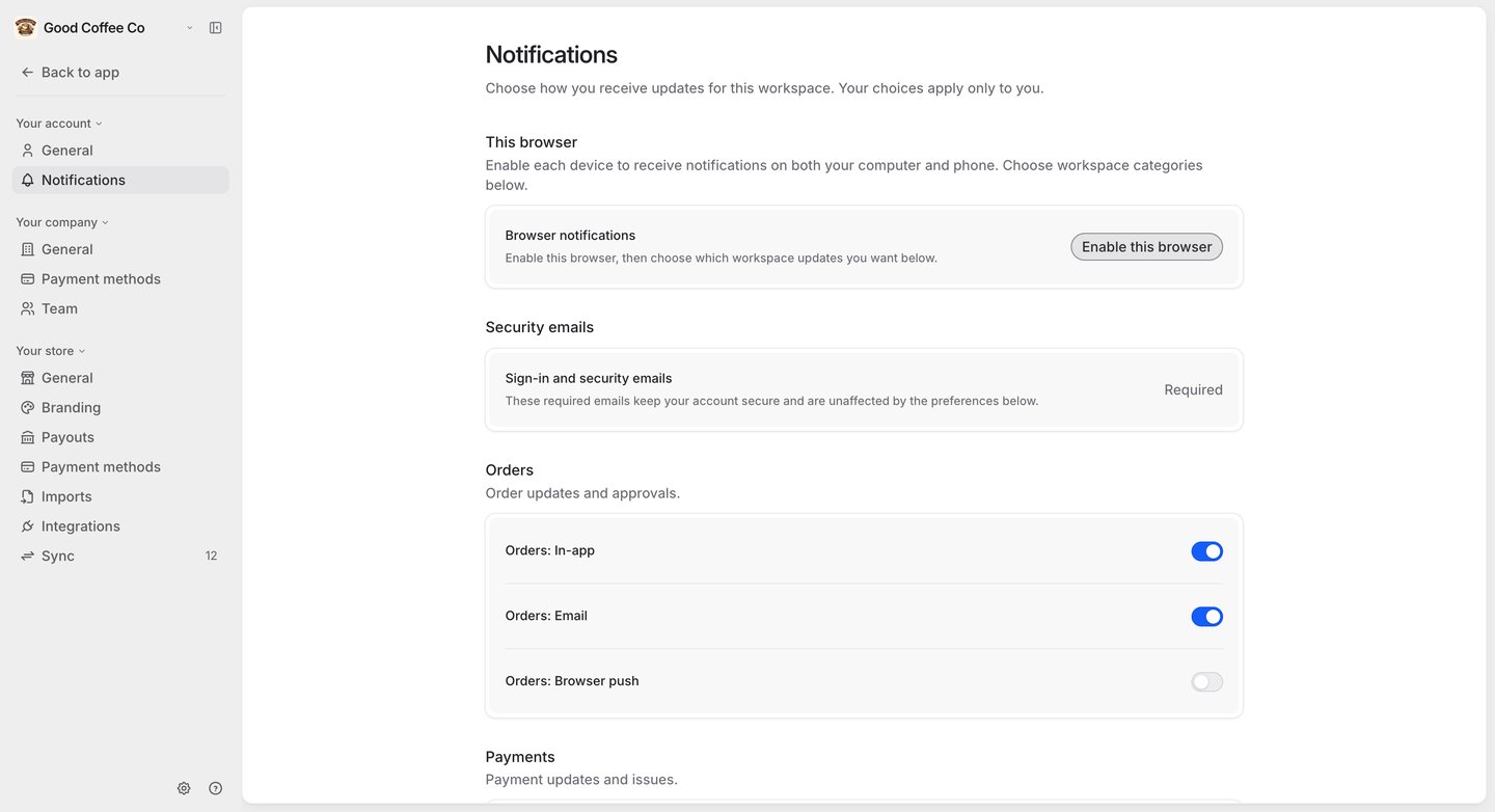 Notification settings: a This browser section with an Enable this browser button, required Sign-in and security emails, and an Orders section with In-app, Email and Browser push switches.