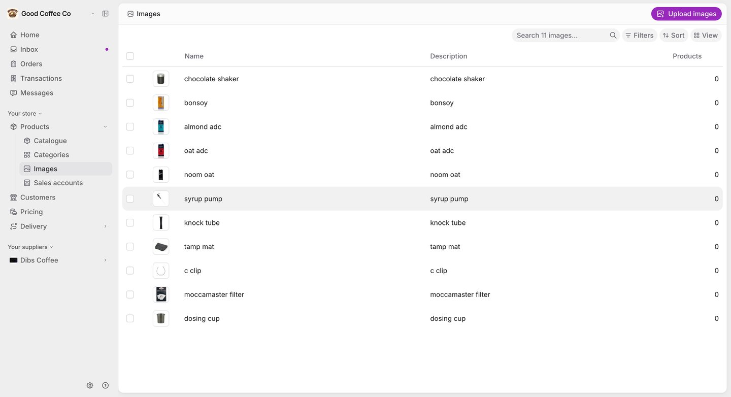 The Images library: a list of uploaded product images with thumbnails, names, descriptions and how many products use each, with an Upload images button at the top right.