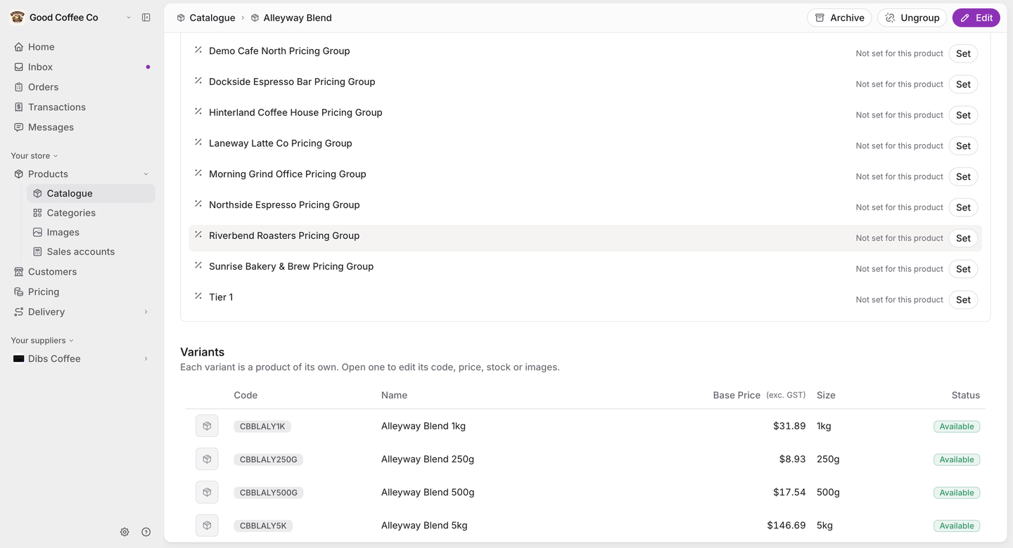 A product-with-variants page for Alleyway Blend, showing the pricing card's per-pricing-group rows with Set buttons, and a Variants table listing four bag sizes with their codes, base prices and Available status. Archive, Ungroup and Edit are in the toolbar.