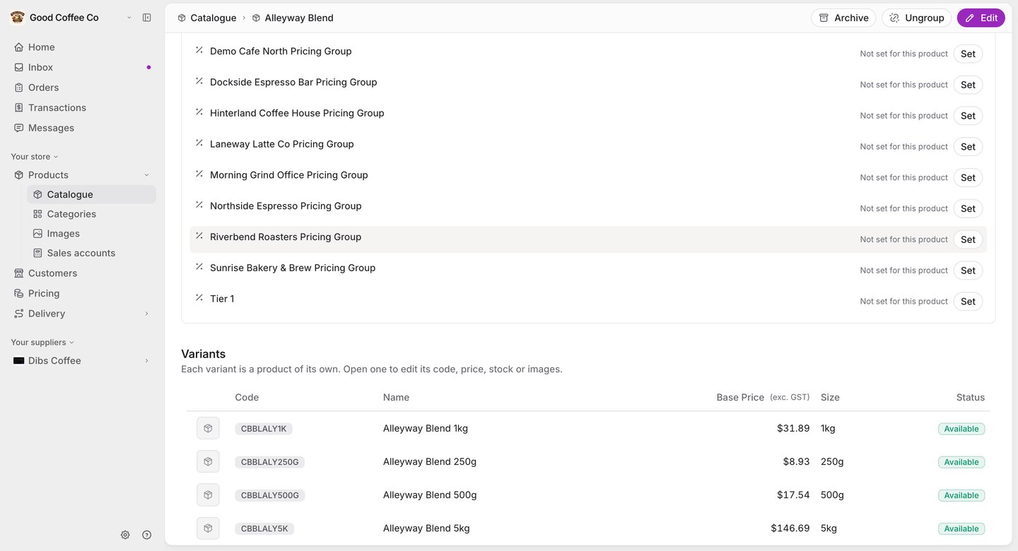 A product-with-variants page for Alleyway Blend, showing the pricing card's per-pricing-group rows with Set buttons, and a Variants table listing four bag sizes with their codes, base prices and Available status. Archive, Ungroup and Edit are in the toolbar.