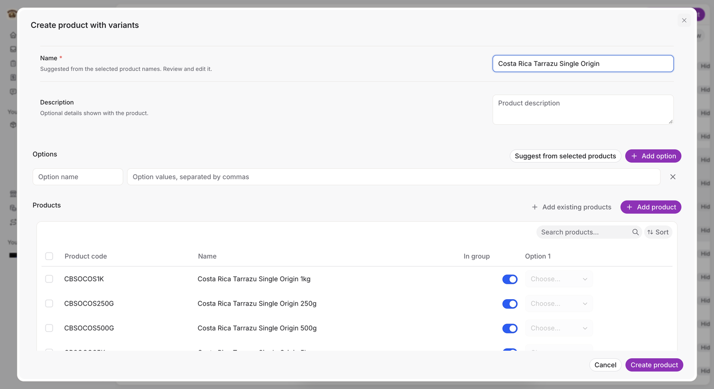 The Create product with variants dialog: a Name field, an empty option row, Suggest from selected products and Add option buttons, and a product list where each row has an In group switch and an option value picker.