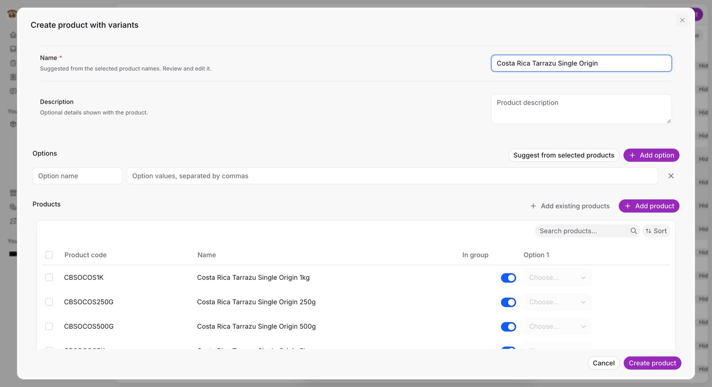 The Create product with variants dialog: a Name field, an empty option row, Suggest from selected products and Add option buttons, and a product list where each row has an In group switch and an option value picker.