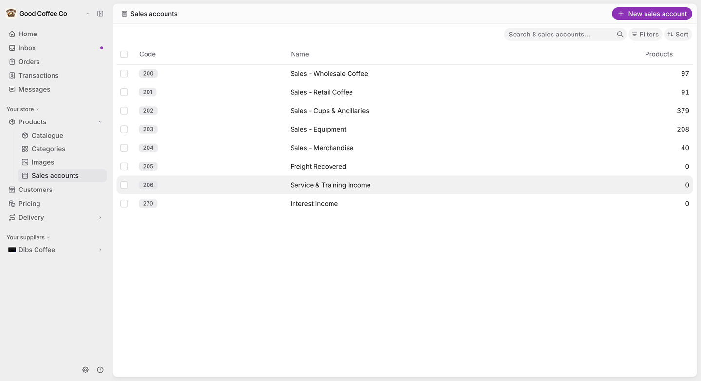 The Sales accounts list showing each account's code (200, 201, 202 and so on), its name, and how many products use it, with a New sales account button.
