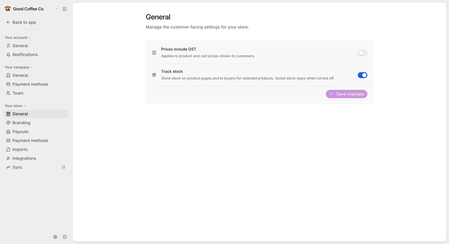Store General settings with two switches: Prices include GST (off) and Track stock (on), and a Save changes button.
