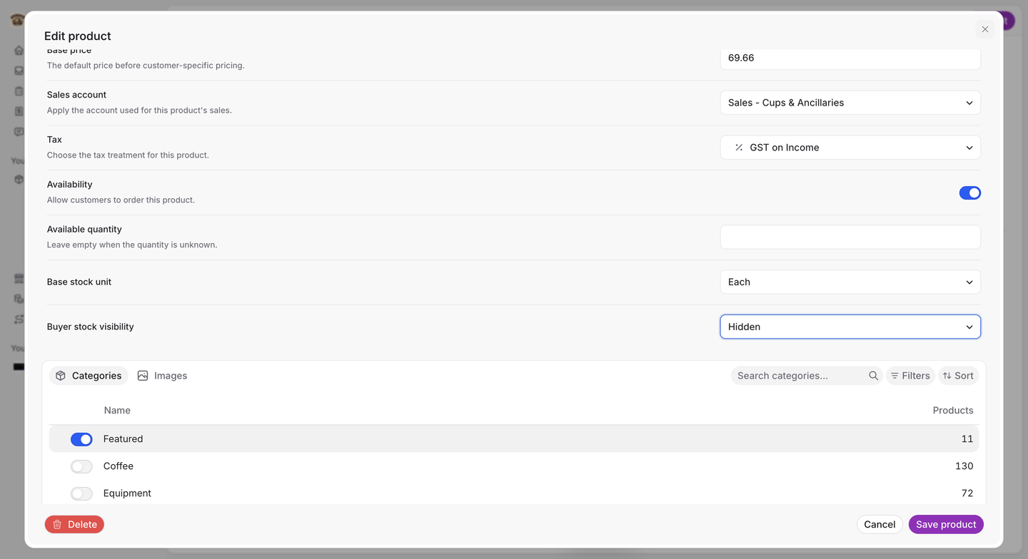 The Edit product dialog showing Available quantity (empty), Base stock unit set to Each, and Buyer stock visibility set to Hidden.