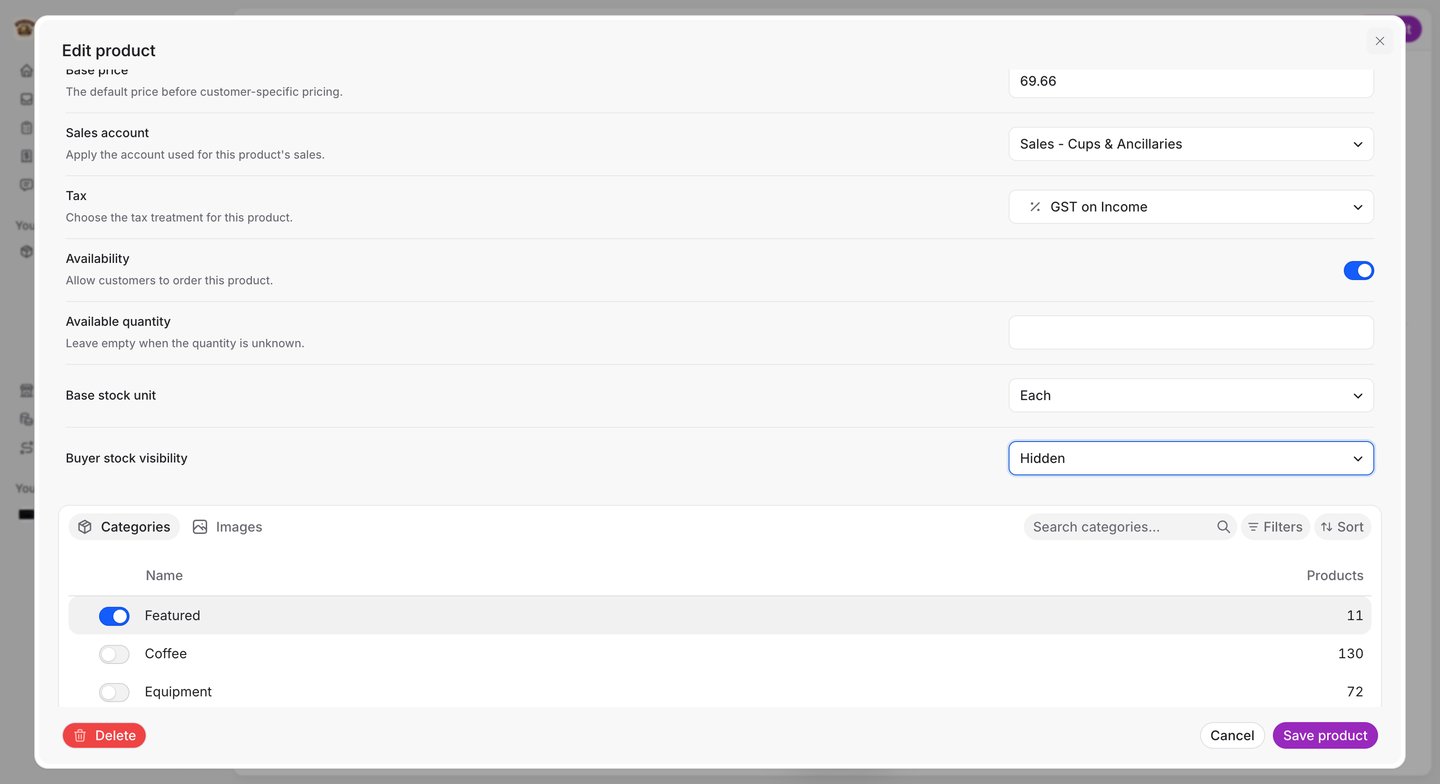 The Edit product dialog showing Available quantity (empty), Base stock unit set to Each, and Buyer stock visibility set to Hidden.