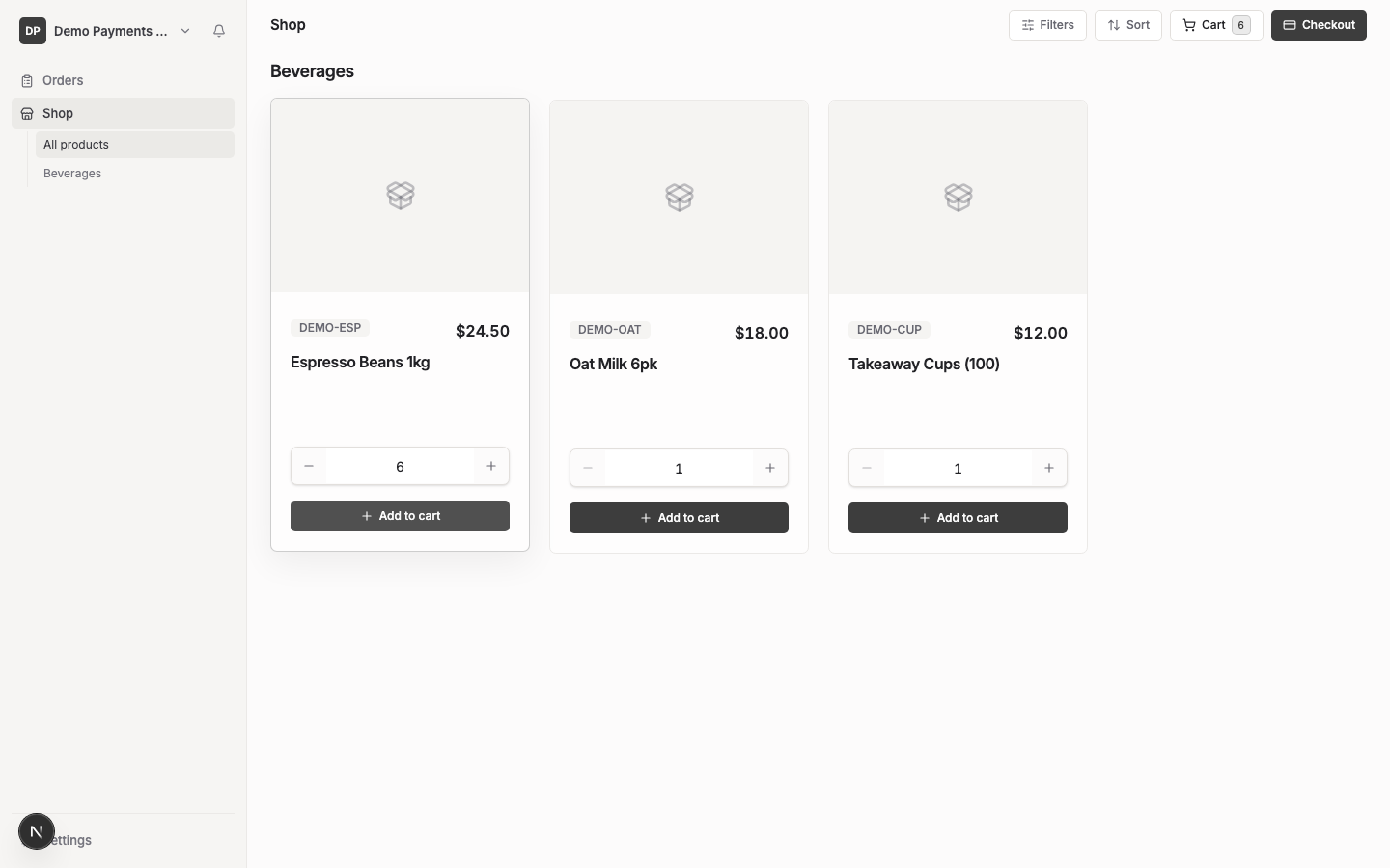 A product card with a quantity entered and an Add to cart button, and the cart indicator updating.