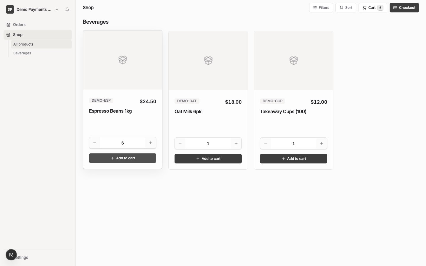 A product card with a quantity entered and an Add to cart button, and the cart indicator updating.