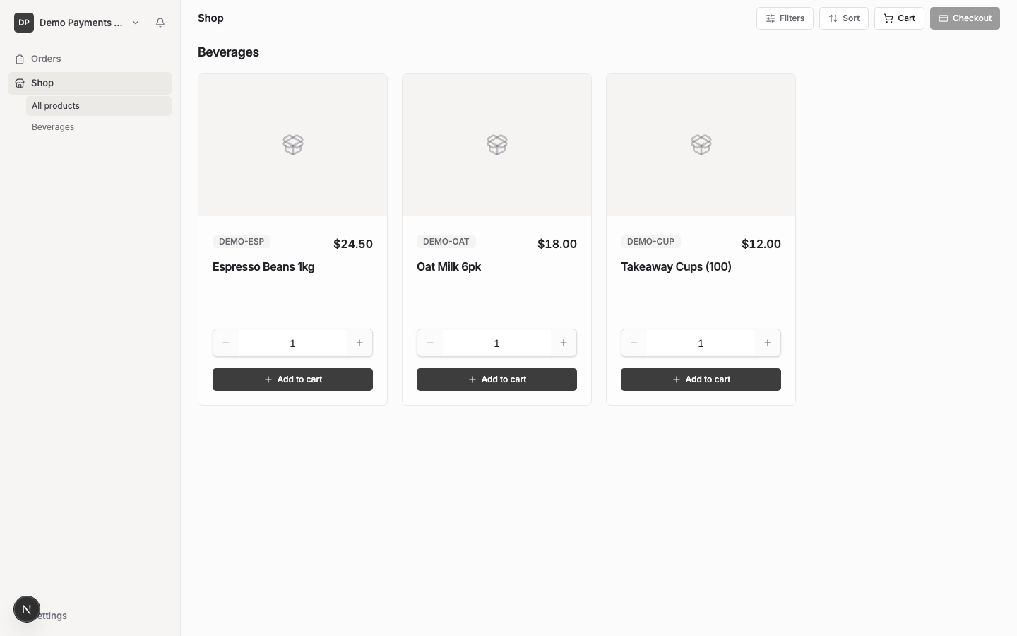 The Shop page showing products grouped by category, each with a code, name, price and quantity control.