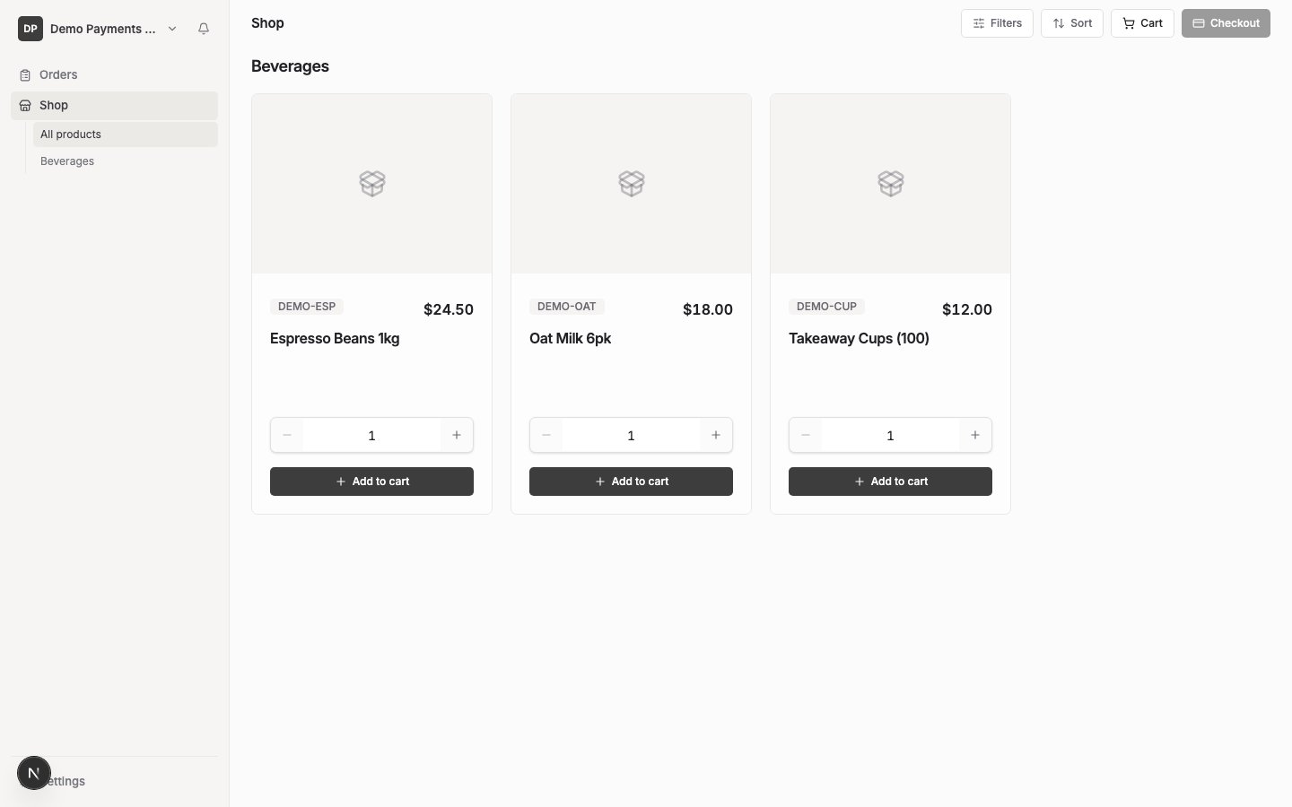 The Shop page showing products grouped by category, each with a code, name, price and quantity control.