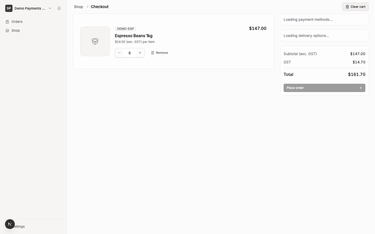 The checkout screen, showing line items with quantities and ex-GST prices, subtotal, GST, order total, and a Place order button.