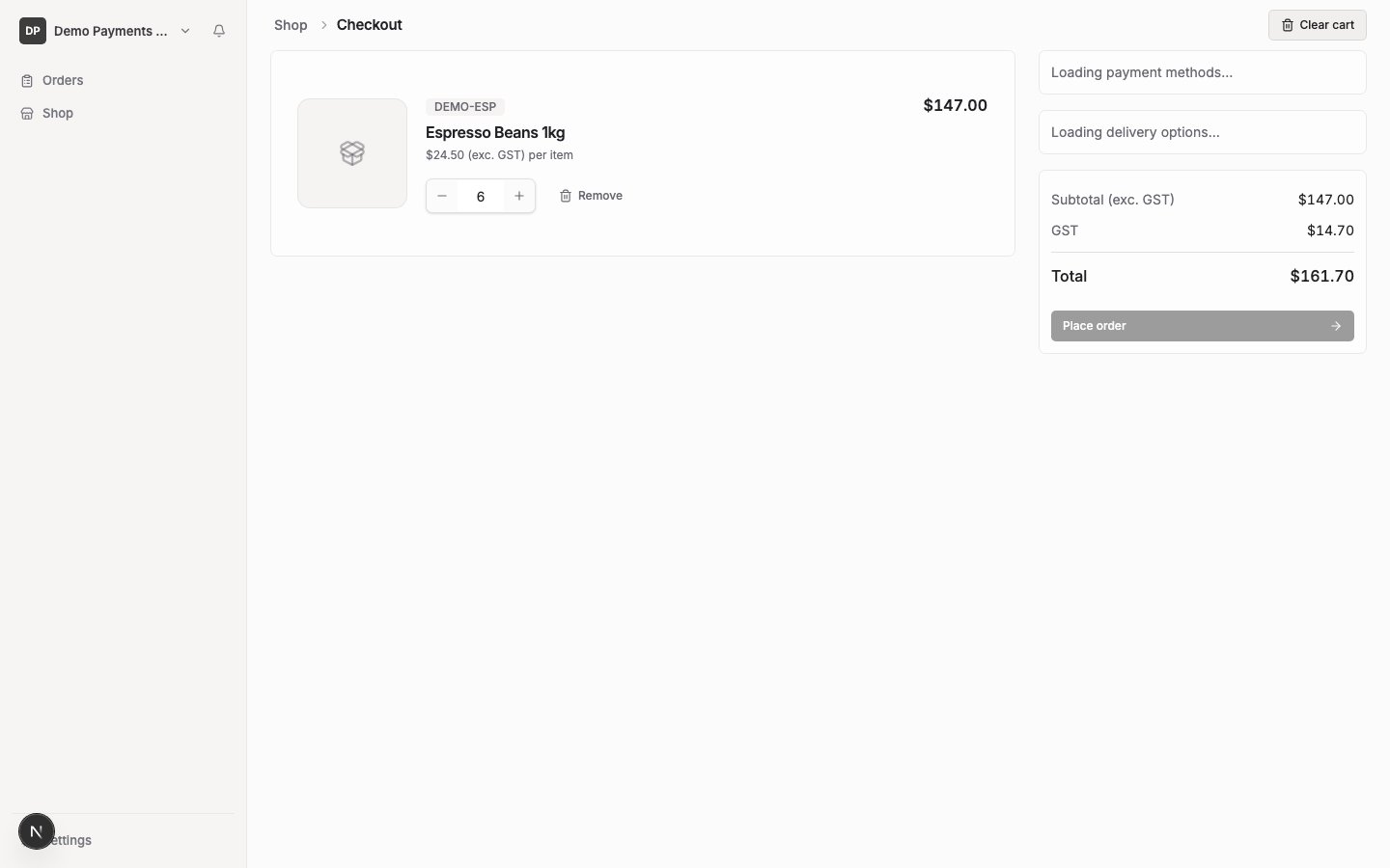 The checkout screen, showing line items with quantities and ex-GST prices, subtotal, GST, order total, and a Place order button.